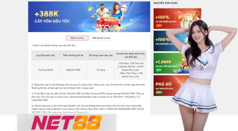 Hướng dẫn nhận thưởng 388K từ Net88 – Quá nhanh, quá dễ!